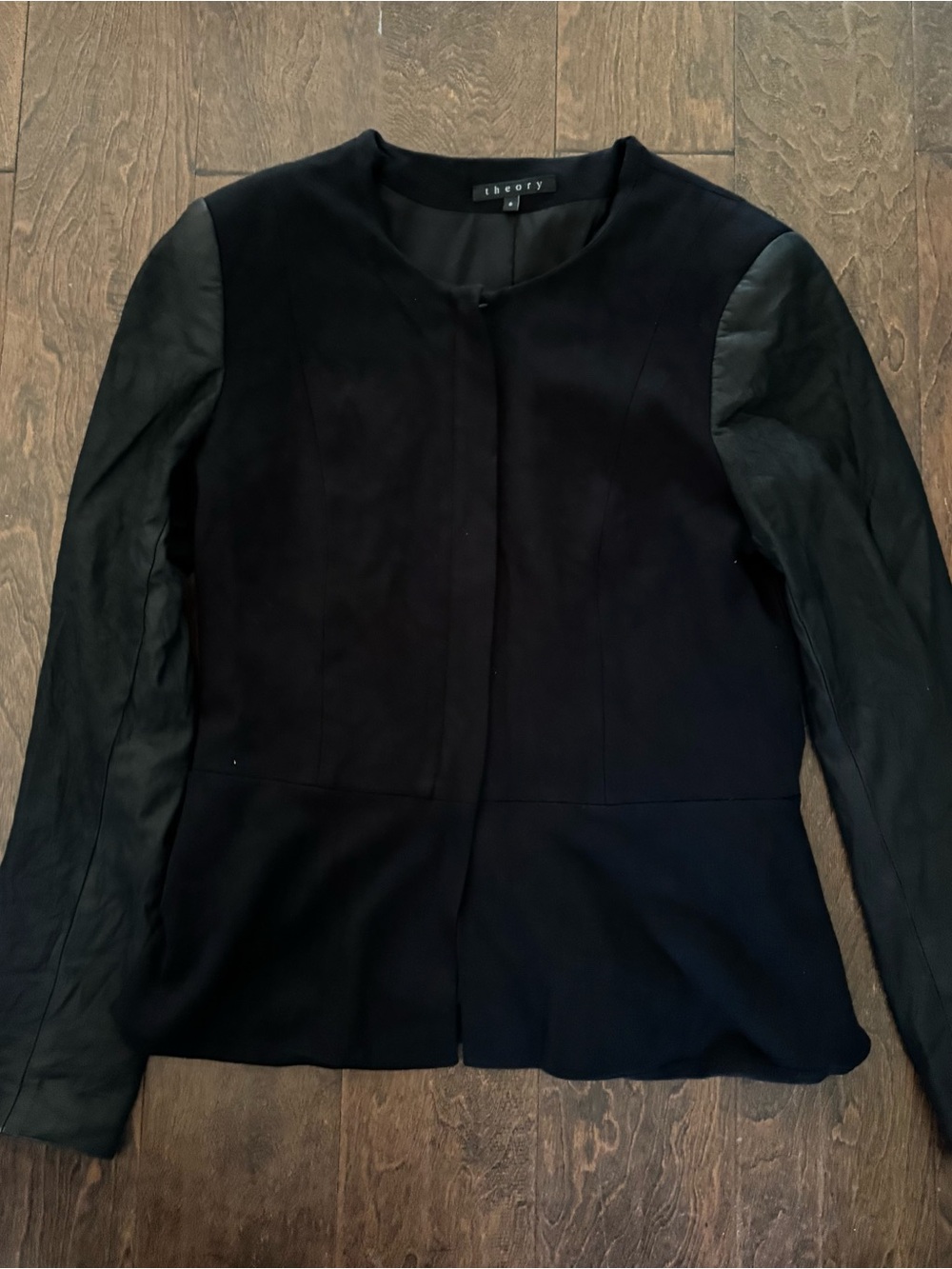 Theory Black Wool & Genuine Goat Leather Sleeve Jacket Blazer